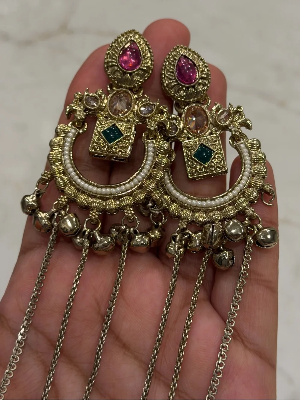 Kashmiri Jhumka Bell Drop Earrings | Pink Green Boho Ethnic Statement Jewelry